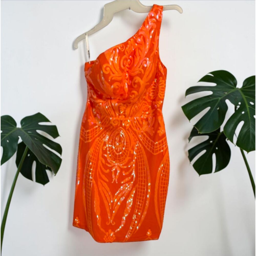 Orange Sequin One Shoulder Mini Dress Size 6 Party Homecoming Dress